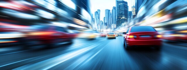Blurred motion of cars on a city street at night in New York City, showcasing urban life, traffic flow, business travel, and modern transportation concepts.