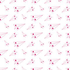 Seamless pattern of hand drawn outline paper planes with hearts on isolated background. Design for Valentine’s Day, wedding and mother’s day celebration, greeting card, wrapping, scrapbooking.