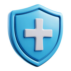 Fototapeta premium Bright Blue and White 3D Medical Shield Icon with Cross in Minimal Cartoon Design