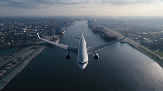 Cargo plane soars over the port, with ships and trucks below, while the city skyline creates a striking backdrop during daylight