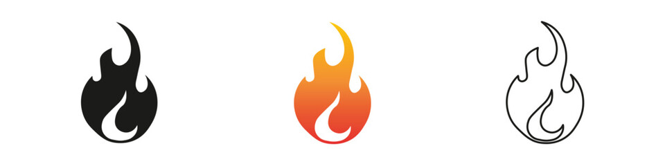 Creative design of flame icons in three color variations. Fire icon vector set. Flame icon collection. Fire flame symbol. Black, gradient, line set