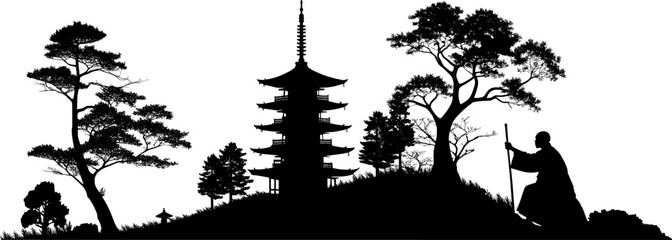Vektor Silhouetten - Japan Pagode auf Hügel mit Bäumen und einem gläubigen Mönch mit Stab - Grafik Design Element Asien