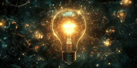 A glowing lightbulb surrounded by gears, light beams, and mathematical symbols, representing the mechanics of creativity, bottom half for text.