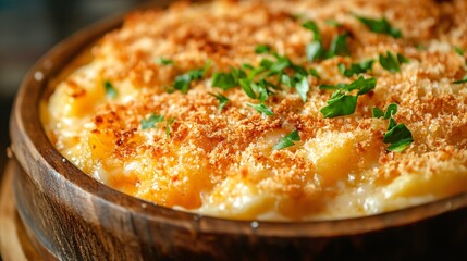 Close up of cheesy party potatoes with crispy breadcrumbs and cheese, served on a rustic wooden plate