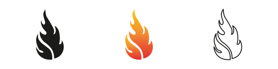 Unique flame logos in three styles showcasing creativity. Fire icon vector set. Flame icon collection. Fire flame symbol. Black, gradient, line set