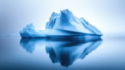 Majestic blue iceberg reflecting in calm arctic waters. Dramatic glacial formation with pristine ice structure creates perfect mirror image against misty horizon