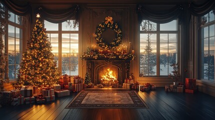 Fototapeta premium A traditional country house living room is decorated with lights and candles. Large stone open fireplace. Christmas gifts and souvenirs.