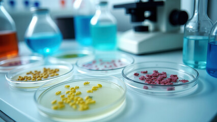 Laboratory Scene with Bacterial Cultures in Agar Petri Dishes and Scientific Instruments