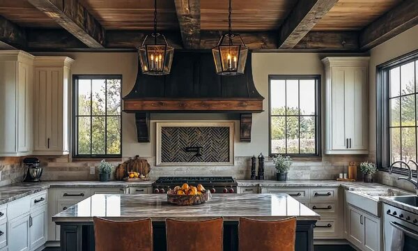 Modern rustic kitchen interior with natural light and wooden details.