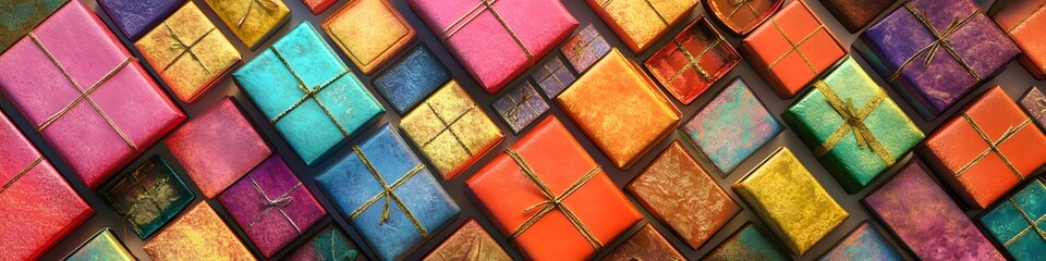 Fototapeta premium Colorful gift boxes as panorama background，banner