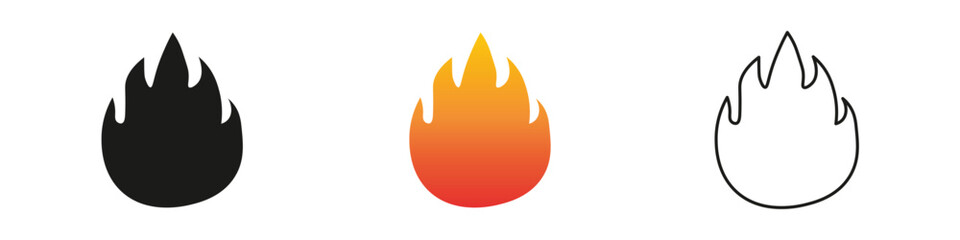 Flame icons in various styles and colors for design use. Fire icon vector set. Flame icon collection. Fire flame symbol. Black, gradient, line set
