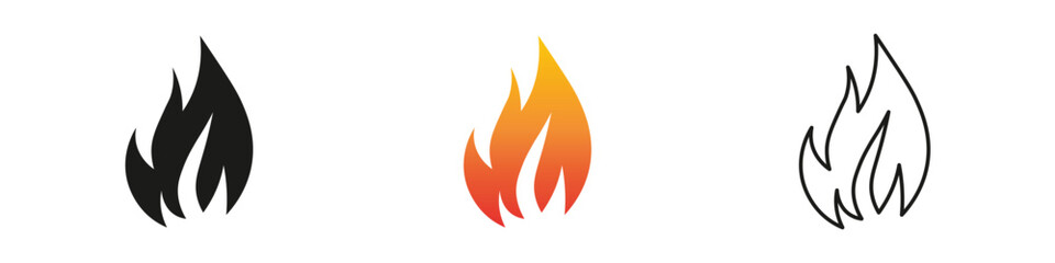 Stylized flames in three different colors and designs. Fire icon vector set. Flame icon collection. Fire flame symbol. Black, gradient, line set