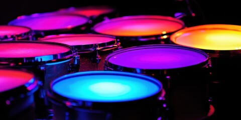 Fototapeta premium A close-up of a drum set with illuminated cymbals, glowing in soft colors, creating a dynamic stage performance scene, upper half for text.