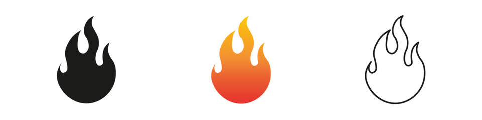 Different styles of flame icons in various designs and colors. Fire icon vector set. Flame icon collection. Fire flame symbol. Black, gradient, line set © Maestro
