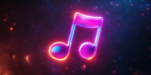 A neon music note symbol floating in space, casting a vibrant glow against a dark backdrop, upper half for text.