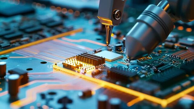 Robotic arm applying thermal paste to a computer processor on a circuit board showcases precision in manufacturing. The process highlights advancements in automation and engineering
