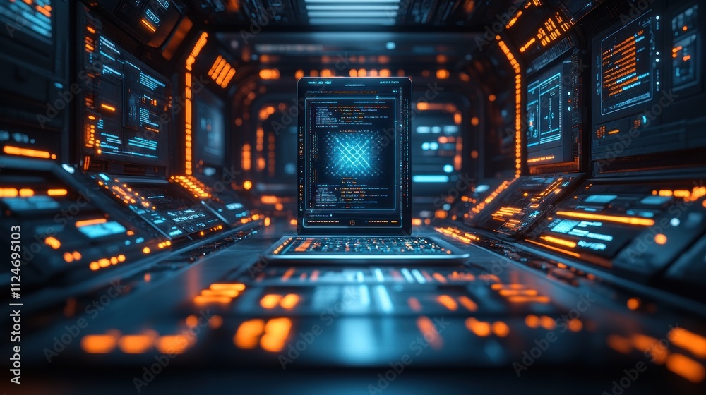 Poster futuristic digital interface with glowing elements in a tech space.