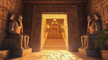 A terrifying interior of an ancient pyramid in Egypt. Stone statues, hieroglyphs, and a warning sign are inside. A forbidden entrance to an ancient Egyptian temple, a cartoon illustration of an.
