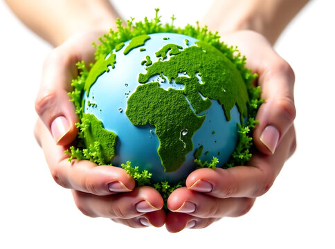earthly embrace hands holding globe with lush green foliage world environment day concept white background . AI GENERATIVE IMAGE
