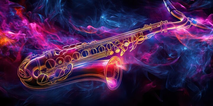 A glowing saxophone in neon colors, surrounded by abstract shapes and light trails, representing the soul of jazz music, upper half for text. - Powered by Adobe