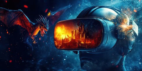 A glowing VR headset with a digital overlay of a fantasy world featuring dragons and castles, with text space in the upper half.