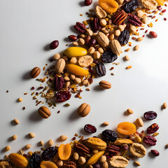A visually appealing mix of almonds, pistachios, cranberries, and flax seeds scattered on a clean white background, perfect for healthy snacking themes.