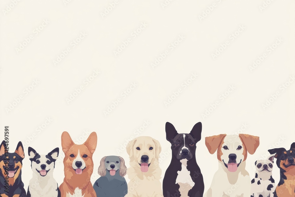 Poster Dogs of different breeds and sizes sit amicably together, creating a friendly atmosphere ideal for text overlays and messaging. Generative AI