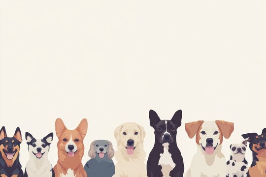 Dogs of different breeds and sizes sit amicably together, creating a friendly atmosphere ideal for text overlays and messaging. Generative AI