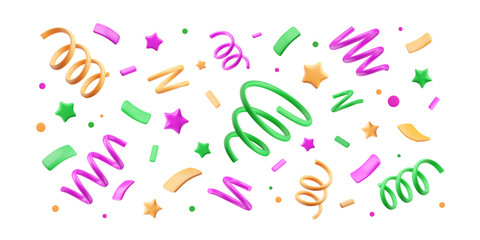 Mardi Gras background with 3d confetti. Fireworks of confetti, cartoon tinsel and stars. Carnival banner, festival decoration with geometric party shapes. Event wallpaper. Vector cartoon illustration.