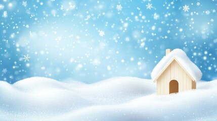 Winter snow background with snowdrifts, with beautiful light and snowflakes in the sky. there is a simple wooden house.