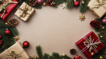 Christmas frame made of fir branches, gift boxes, red baubles and golden pine cones on brown background