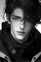 Beautiful woman and  sharp eyes black hair black eyes techwear,generation AI