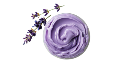 Lavender scented cream in a bowl accompanied by fresh lavender sprigs on a white background on transparent background