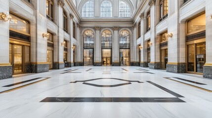 Obraz premium Empty bank lobby features marble floors with geometric patterns, gold accents, large windows, and classical architectural elements