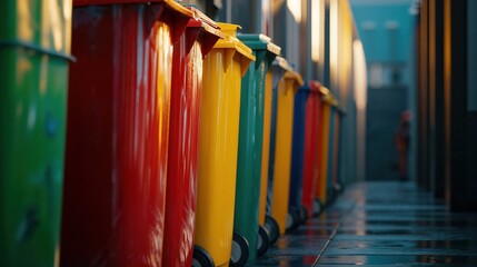 Fototapeta premium Row of colorful recycling bins in vibrant rainbow colors. Modern waste management containers lined up against urban wall, representing environmental responsibility and sustainability