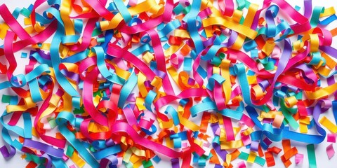 Fototapeta premium Vibrant assortment of ribbons and confetti in various colors and shapes, metallic