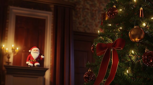 A Christmas tree with a red ribbon tied around it - Powered by Adobe