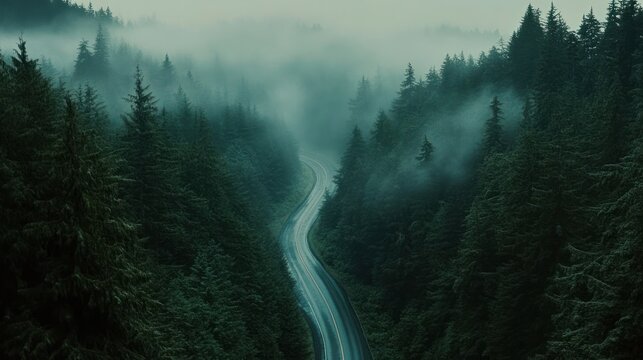 Aerial shot of a winding forest highway, dense evergreen trees on either side, mist hanging low,