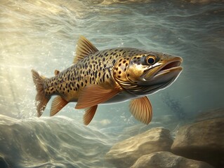 Obraz premium A detailed illustration of a brown trout swimming in a natural underwater environment.