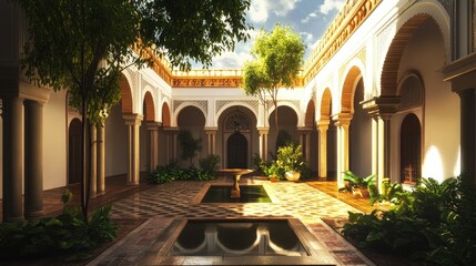 A tranquil courtyard of an Andalusian-style palace in Spain, influenced by Moorish architectural elements. Concept of architectural influences beyond the Near East