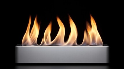 Realistic flames rising from a modern fireplace on a black background