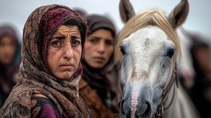Fototapeta premium A haunting portrait of two women alongside a horse, emphasizing the cultural narrative and emotional depth among the backdrop of a misty, ethereal environment.