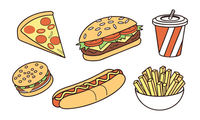 Download Fast Food Realistic Render  Pizza, Taco, Hamburger, Ramen Noodle Soup, Hot Dog, Fries Potatoes  Vector Illustration . This Design Concept Isolated Premium Vector. 