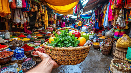 Vibrant Basket of Fresh Produce in Exotic Local Market