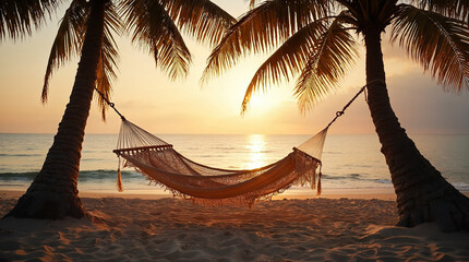 Serene Hammock Between Palm Trees at Golden Hour on the Beach