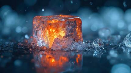 Surreal Melting Ice Cube with Fiery Glow Amidst Droplets
