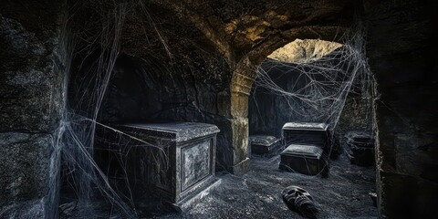 A dark, underground crypt with cobwebs, ancient sarcophagi, and a cold, oppressive atmosphere.