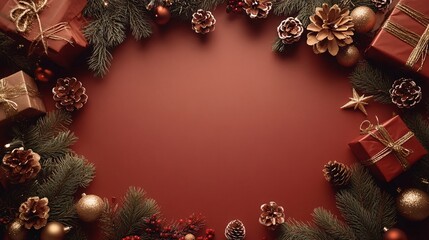 Christmas background bordering pine branches, gifts, and ornaments creating copy space