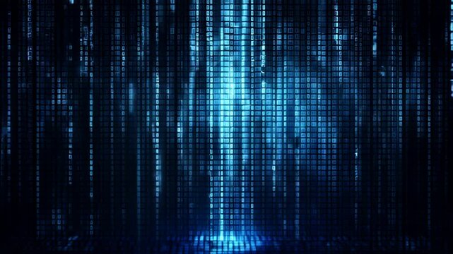 Exploring the visual impact of binary code and digital data streams in a glowing blue ambiance