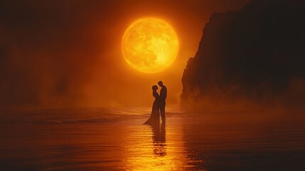 A romantic silhouette of a couple against a glowing sunset.